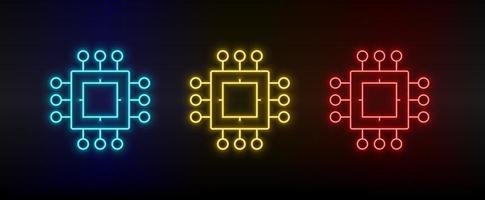 Neon icons. processor chip. Set of red, blue, yellow neon vector icon on darken background