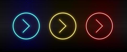 Neon icons. Ui arrow. Set of red, blue, yellow neon vector icon on darken background