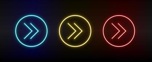 Neon icons. Ui arrow. Set of red, blue, yellow neon vector icon on darken background