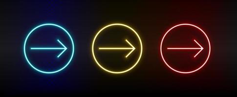 Neon icons. Ui arrow. Set of red, blue, yellow neon vector icon on darken background