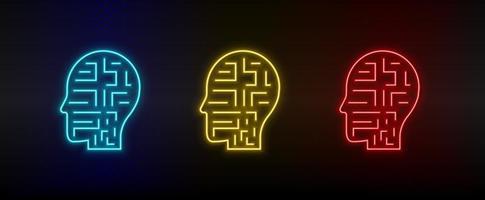 Neon icons. mechanism robot man. Set of red, blue, yellow neon vector icon on darken background