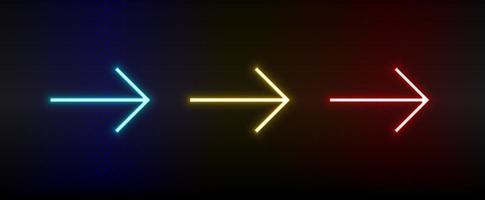 Neon icons. Ui arrow. Set of red, blue, yellow neon vector icon on darken background