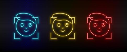 Neon icons. analysis facial tech smart . Set of red, blue, yellow neon vector icon on darken background