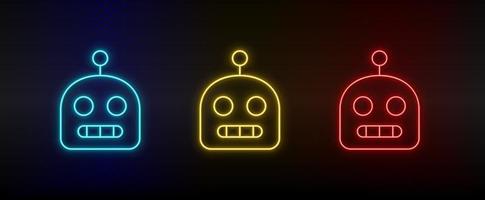 Neon icons. robot. Set of red, blue, yellow neon vector icon on darken background