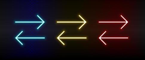 Neon icons. Ui arrow. Set of red, blue, yellow neon vector icon on darken background