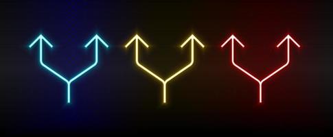 Neon icons. Ui arrow. Set of red, blue, yellow neon vector icon on darken background