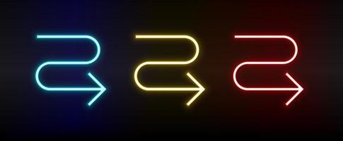 Neon icons. Ui arrow. Set of red, blue, yellow neon vector icon on darken background