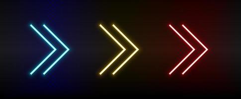 Neon icons. Ui arrow. Set of red, blue, yellow neon vector icon on darken background