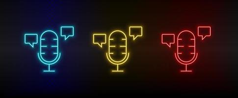 Neon icons. microphone smart chat bobble. Set of red, blue, yellow neon vector icon on darken background