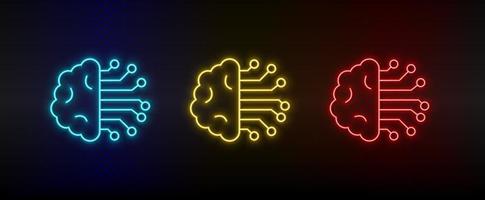 Neon icons. intelligence brain. Set of red, blue, yellow neon vector icon on darken background