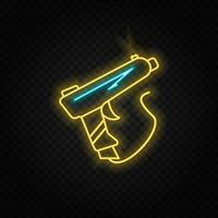 Gun, shoot, game, retro, arcade neon icon. Blue and yellow neon vector icon. Vector transparent background