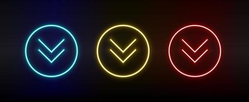 Neon icons. Ui arrow. Set of red, blue, yellow neon vector icon on darken background