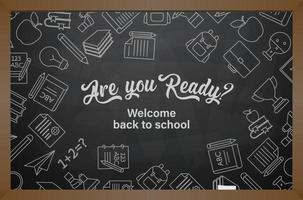 Back to School banner with texture from line art icons of education, science objects and office supplies on the daark background vector