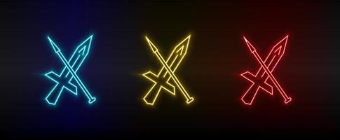 Neon icons. Sward fighting games retro. Set of red, blue, yellow neon vector icon on darken background