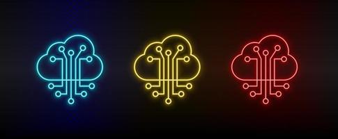 Neon icons. cloud smart information network. Set of red, blue, yellow neon vector icon on darken background