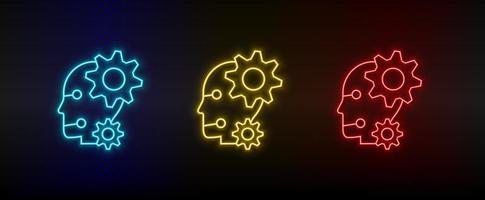 Neon icons. robot settings. Set of red, blue, yellow neon vector icon on darken background