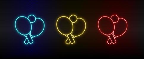 Neon icons. Ping pong racket table tennis. Set of red, blue, yellow neon vector icon on darken background