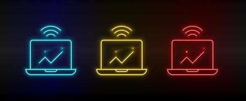 Neon icons. computer analytics smart. Set of red, blue, yellow neon vector icon on darken background