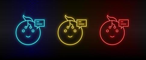 Neon icons. robot talk chat bobble . Set of red, blue, yellow neon vector icon on darken background