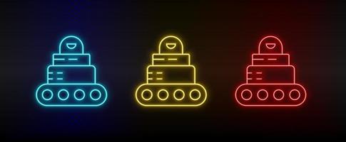 Neon icons. robot car. Set of red, blue, yellow neon vector icon on darken background