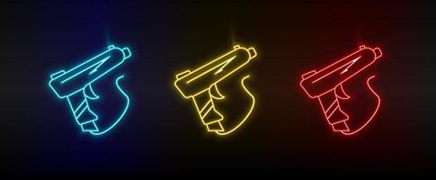 Neon icons. Gun shoot game retro arcade. Set of red, blue, yellow neon vector icon on darken background