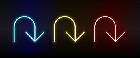 Neon icons. Ui arrow. Set of red, blue, yellow neon vector icon on darken background