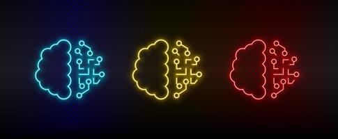 Neon icons. brain intelligence. Set of red, blue, yellow neon vector icon on darken background