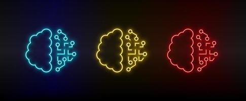 Neon icons. brain intelligence. Set of red, blue, yellow neon vector icon on darken background