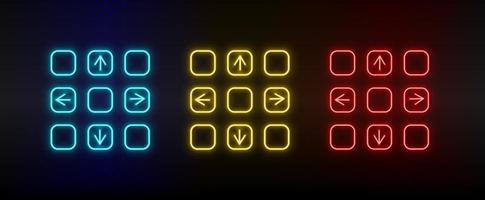 Neon icons. Dancing game pad arcade retro. Set of red, blue, yellow neon vector icon on darken background