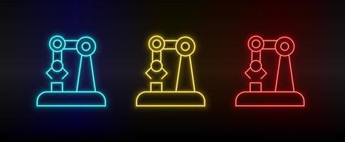 Neon icons. hand robotic arm. Set of red, blue, yellow neon vector icon on darken background