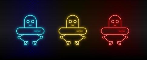 Neon icons. robot ufo. Set of red, blue, yellow neon vector icon on darken background