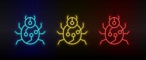 Neon icons. virus bug. Set of red, blue, yellow neon vector icon on darken background