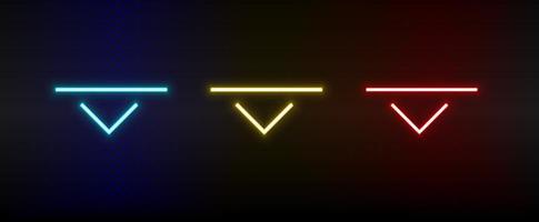 Neon icons. Ui arrow. Set of red, blue, yellow neon vector icon on darken background