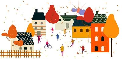 Vector illustration of people in the rain. Autumn mood. Trendy retro style