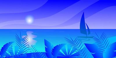 velero en el mar, nubes de sol isla tropical con playa y cocoteros, hojas tropicales, ilustración vectorial para publicidad de viajes turismo cruceros descuentos de agencias de viajes y estilo de papel de ventas. vector