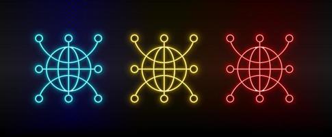 Neon icons. web global network world. Set of red, blue, yellow neon vector icon on darken background