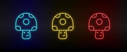 Neon icons. Video game mushroom retro arcade. Set of red, blue, yellow neon vector icon on darken background