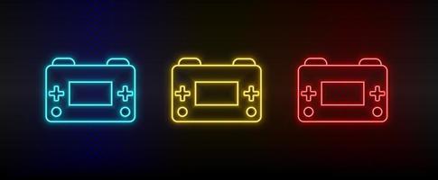 Neon icons. Retro arcade game console. Set of red, blue, yellow neon vector icon on darken background