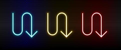 Neon icons. Ui arrow. Set of red, blue, yellow neon vector icon on darken background