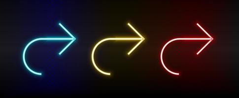 Neon icons. Ui arrow. Set of red, blue, yellow neon vector icon on darken background