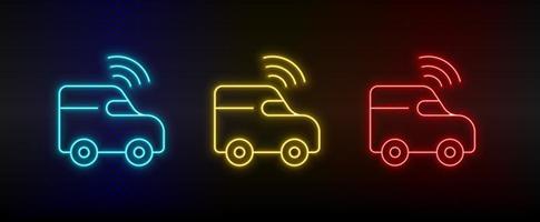 Neon icons. car gps drive smart. Set of red, blue, yellow neon vector icon on darken background