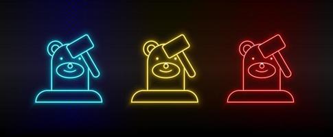 Neon icons. Mole game whack retro arcade. Set of red, blue, yellow neon vector icon on darken background