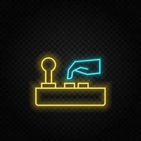 Arcade, joystick, game neon icon. Blue and yellow neon vector icon. Vector transparent background