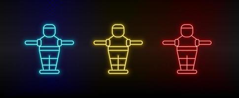 Neon icons. Table football game retro arcade. Set of red, blue, yellow neon vector icon on darken background