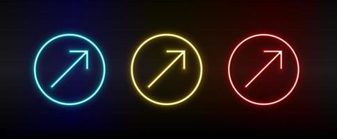 Neon icons. Ui arrow. Set of red, blue, yellow neon vector icon on darken background