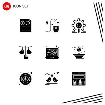 User Interface Pack of 9 Basic Solid Glyphs of antivirus love engine valentine configuration Editable Vector Design Elements