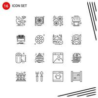 16 iconos creativos, signos y símbolos modernos de libros, computadoras, archivos de amor, iluminación, elementos de diseño vectorial editables vector