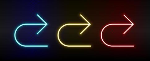 Neon icons. Ui arrow. Set of red, blue, yellow neon vector icon on darken background