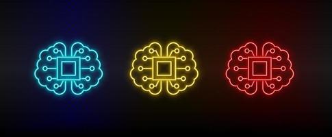 Neon icons. brain mechanism intelligence. Set of red, blue, yellow neon vector icon on darken background