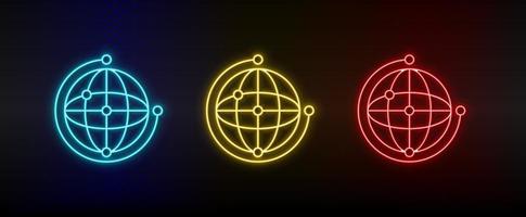 Neon icons. network global. Set of red, blue, yellow neon vector icon on darken background